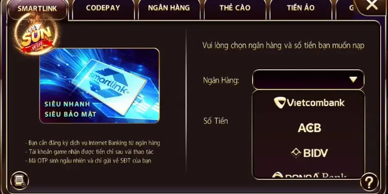 Đăng nhập và nạp tiền tại Sunwin